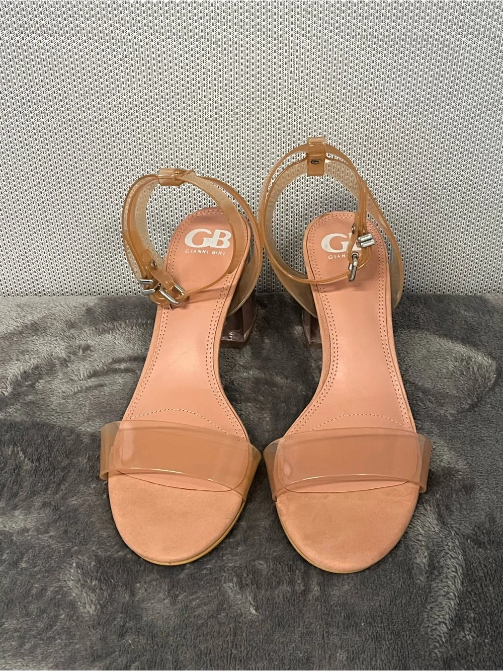 Gianni Bini Clear Block Heel Vinyl Strap Sandals in Nude. Padded footbed. 7.5